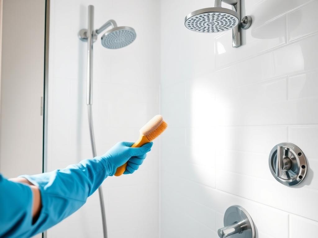 Cleaner deep cleaning white tile and chrome shower fixtures in a Winnipeg bathroom