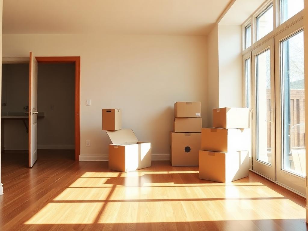 Empty freshly cleaned apartment with moving boxes ready for move-in cleaning