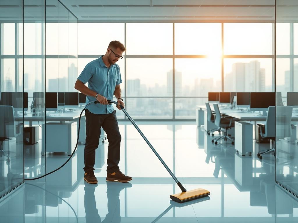Cleaner vacuuming a modern Winnipeg office with glass walls