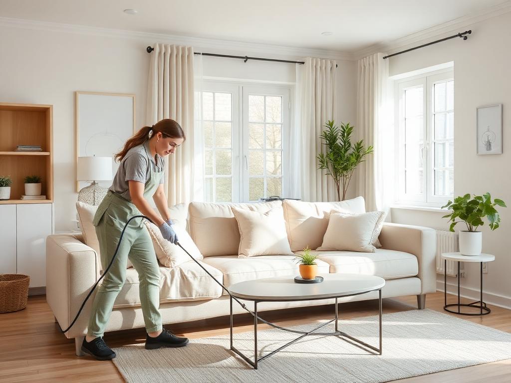Cleaner tidying a bright living room during a standard house cleaning