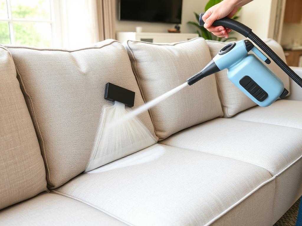 Upholstery cleaning tool refreshing a light fabric sofa