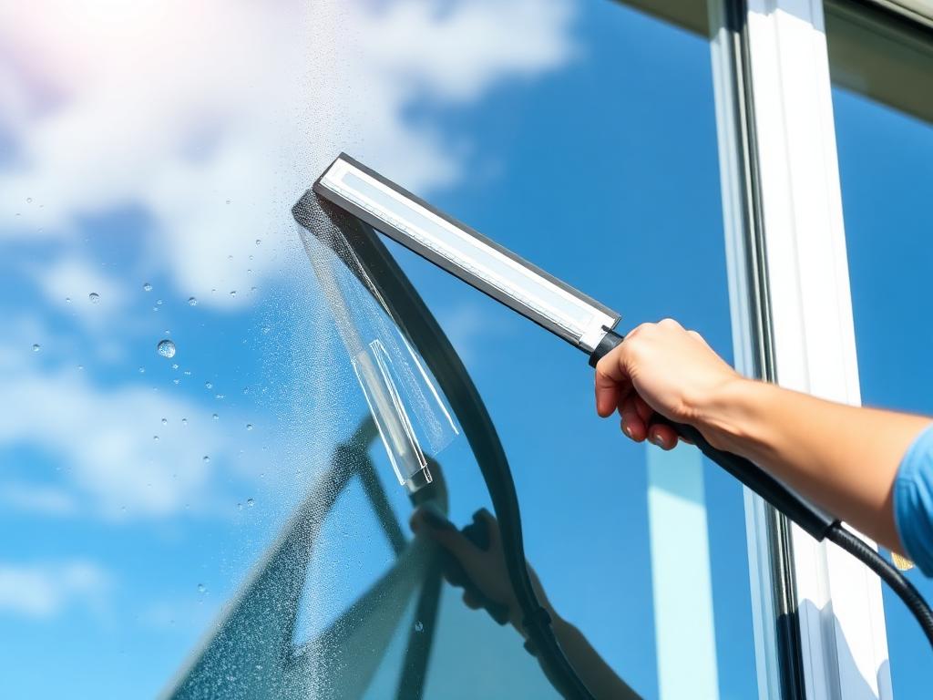 Squeegee cleaning a large window to a streak-free finish