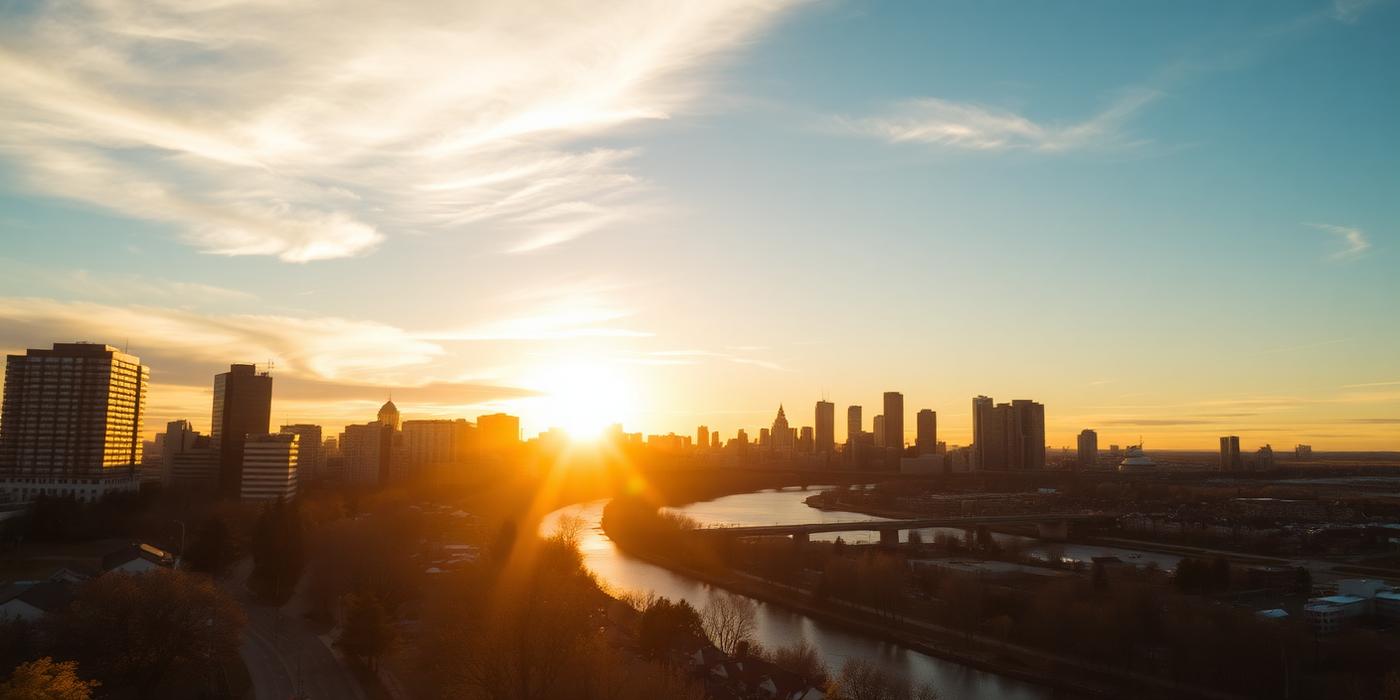 Winnipeg, Manitoba skyline along the river at sunset